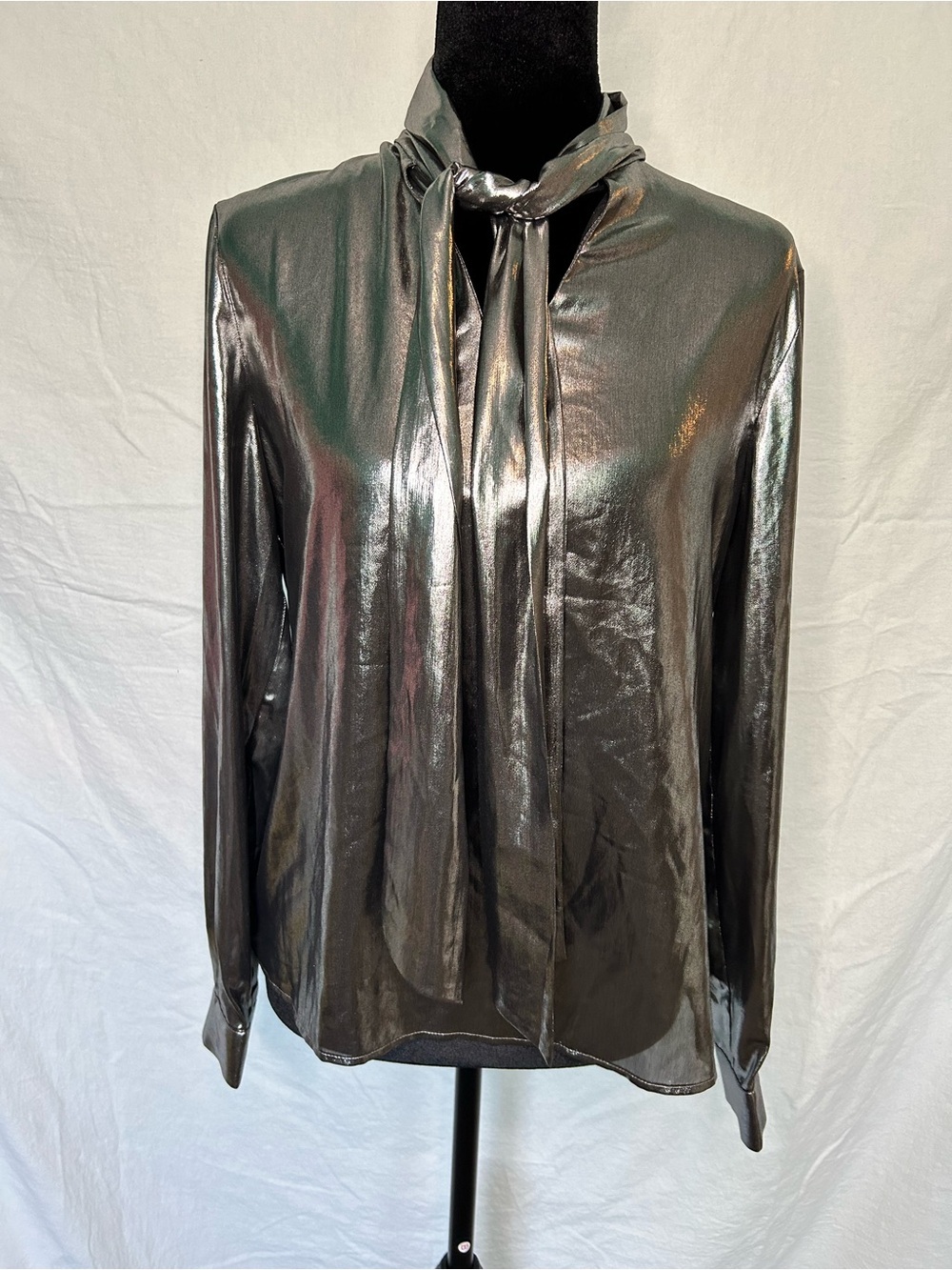 Anne Klein Metallic Liquid Gunmetal Tie Neck Blouse XS NWT